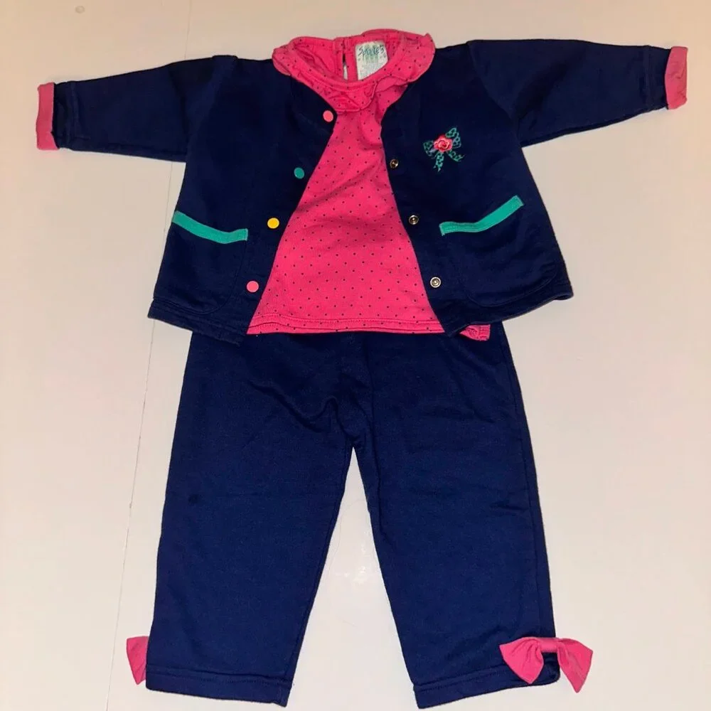 VTG SPROCKETS Mervyns Kids 24M 3 piece set PINK & BLUE colorful ruffle embroider